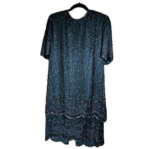 Vintage Brilliante by J.A. Beaded Sequin Emerald Green Formal Dress Size Large